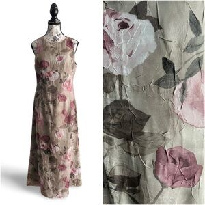🇨🇦 Vintage 90s Muted Green and Rose Algo Crinkled Floral Maxi Dress Size 10P